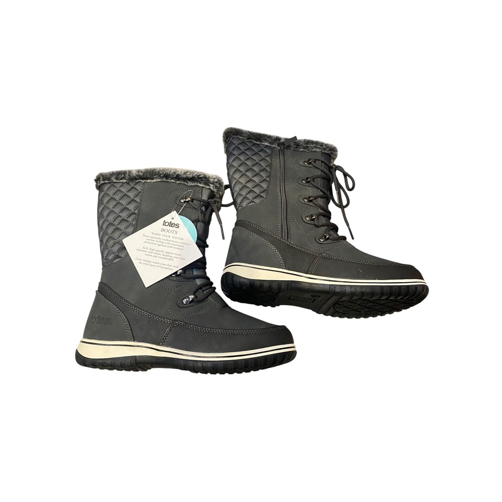Totes Anchor Up‎ Charcoal Gray Waterproof Winter Boots Faux Fur Trim Women's 7M - Picture 3 of 8